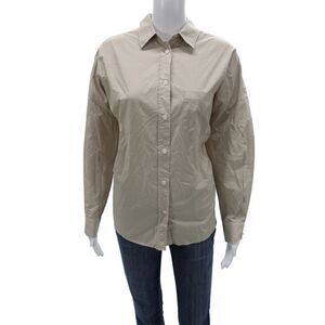 LMND Women Collared Cotton Basic Button-Up Beige Long Sleeve Size M